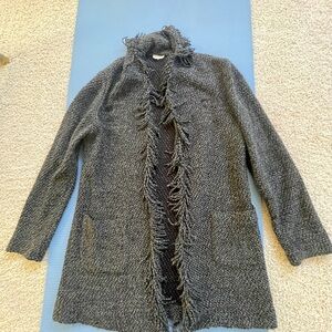 Women's Ecru Fringe Trim Blue & Black Coat - Sz L